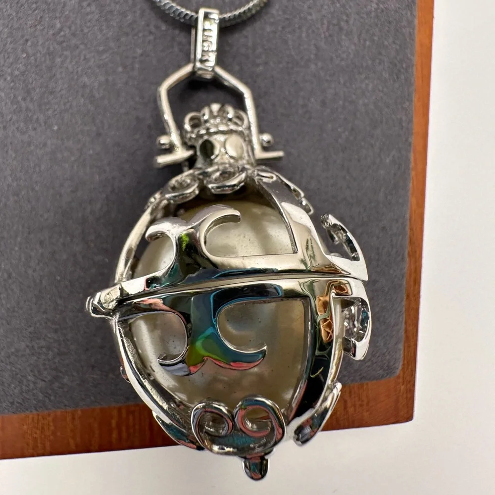 LUCKY Brand Locket Orb Pendant Necklace Silver Tone 34” Long Cage Pearl Ball - Picture 4 of 9